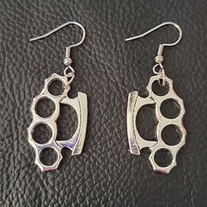 Mini silver tone brass knuckle earrings, punk, goth, rebellious aesthetic